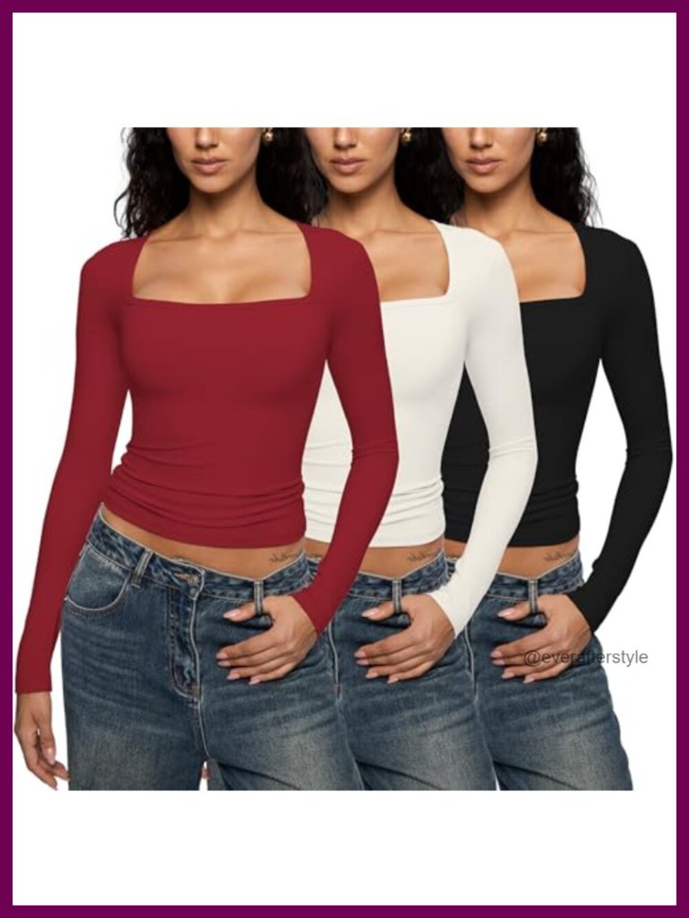 Enerful Women's Long Sleeve Square Neck Fitted Crop Top Stretch Layering Shirt